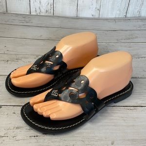 Brighton Black Alegre Scrolled Leather Post Toe Sandal